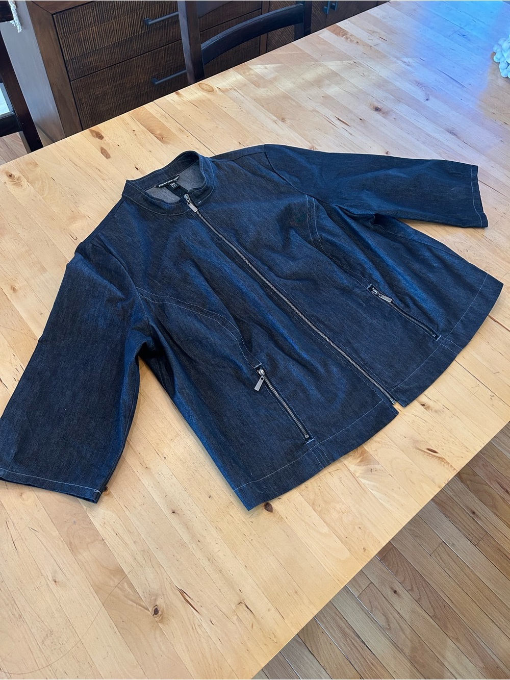 Briggs New York Dark Wash Denim Jacket 18W Mock Neck Zip Front 3/4 Sleeve Plus